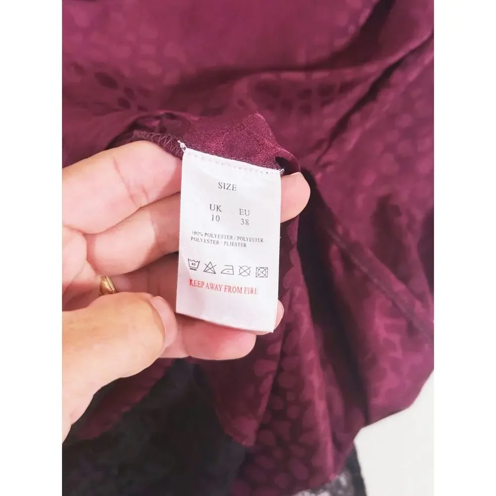 QED London Whimsigoth Satin Lace Trim Midi Pencil Skirt Size 6 Purple Y2K Glam